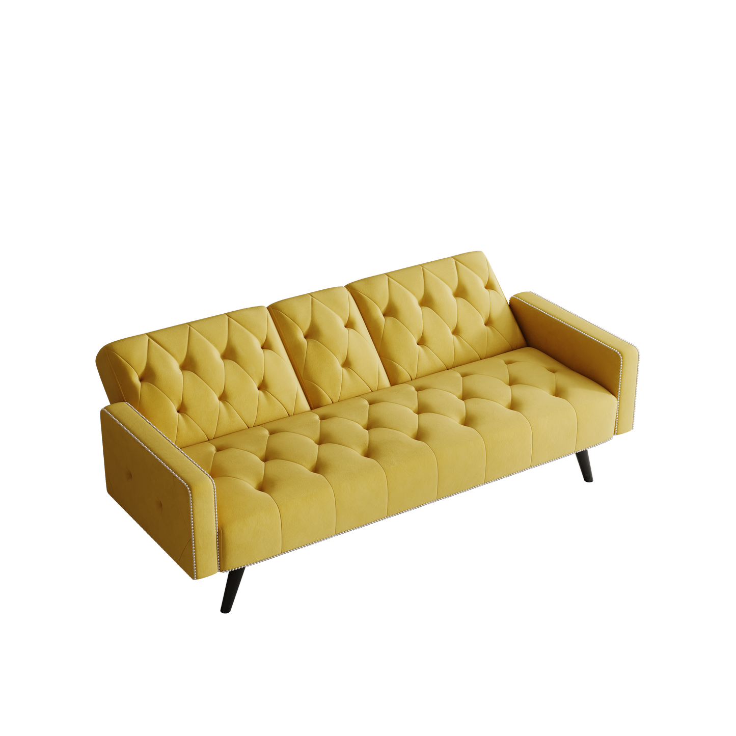 Compact Yellow Velvet Sofa Bed with Nailhead Trim Armrests & Dual Cup Holders - Perfect for Small Spaces, 72-Inch Length