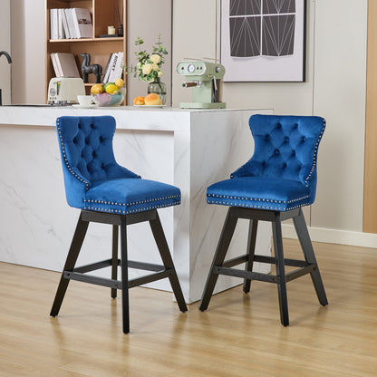 Swivel Velvet Barstools with Button Tufted Decoration and Wooden Legs, and Chrome Nailhead Trim, Leisure Style Bar Chairs,Bar stools, Set of 2 (Blue),SW1860BL