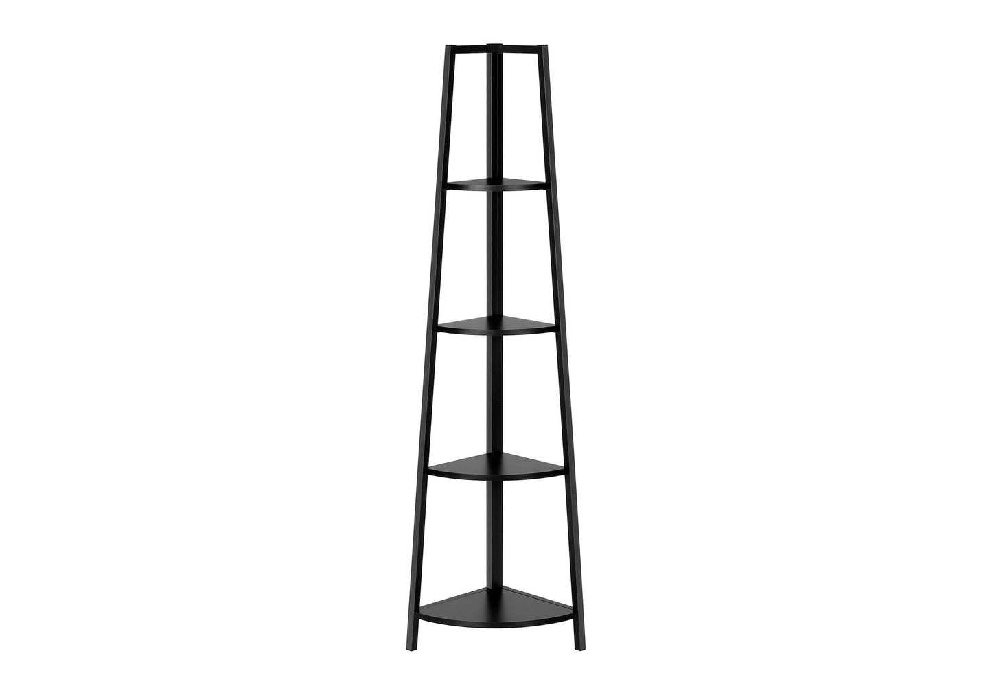 Bookshelf, Bookcase, Etagere, Corner, 4 Tier, 60"h, Office, Bedroom, Black Laminate, Black Metal, Contemporary, Modern