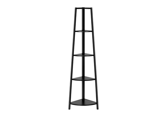 Bookshelf, Bookcase, Etagere, Corner, 4 Tier, 60"h, Office, Bedroom, Black Laminate, Black Metal, Contemporary, Modern