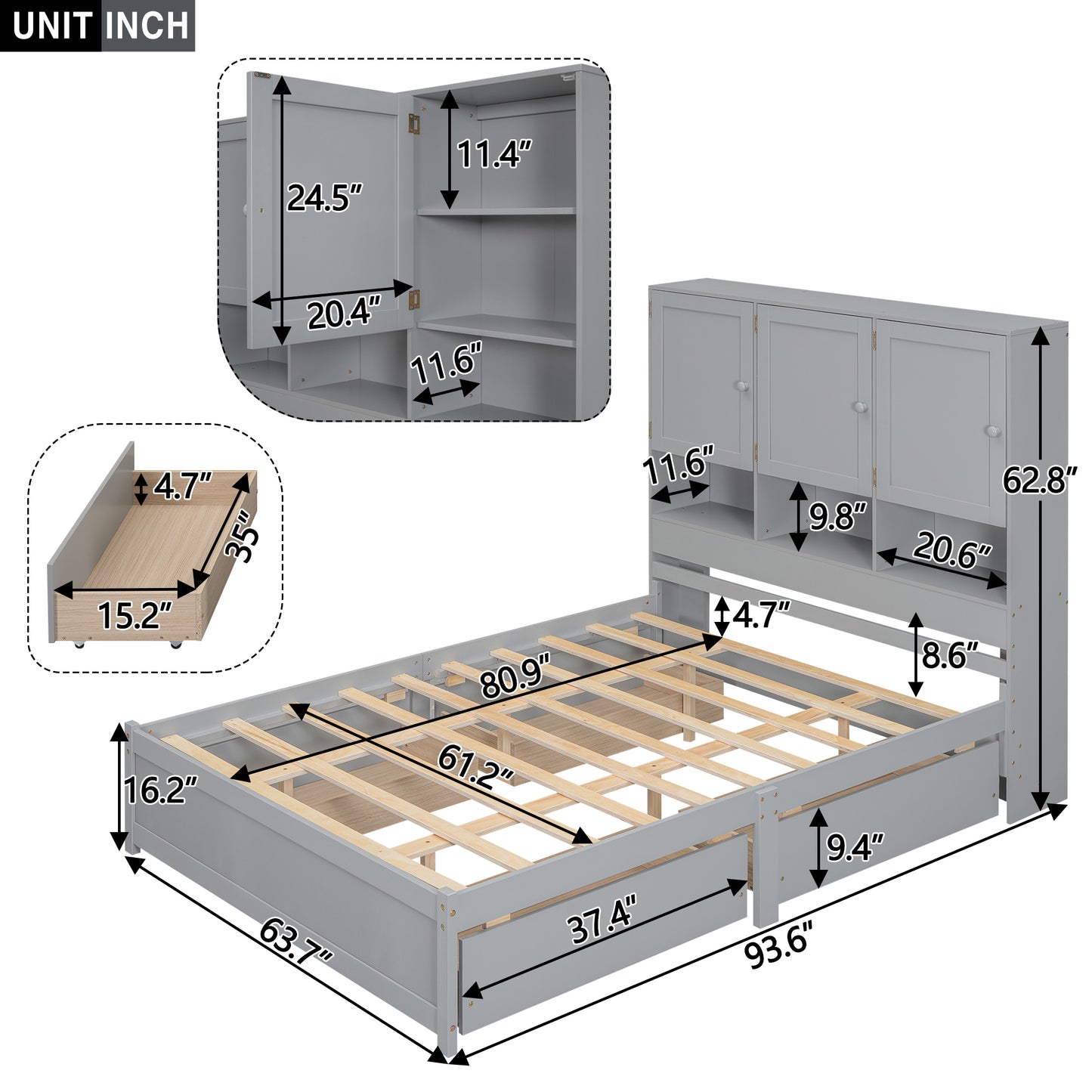 Queen Size Platform Bed with Storage Headboard and 4 Drawers, Gray