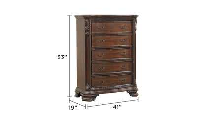 Traditional Style 5-Drawer Chest With metal drawer pulls Made with Wood in Walnut