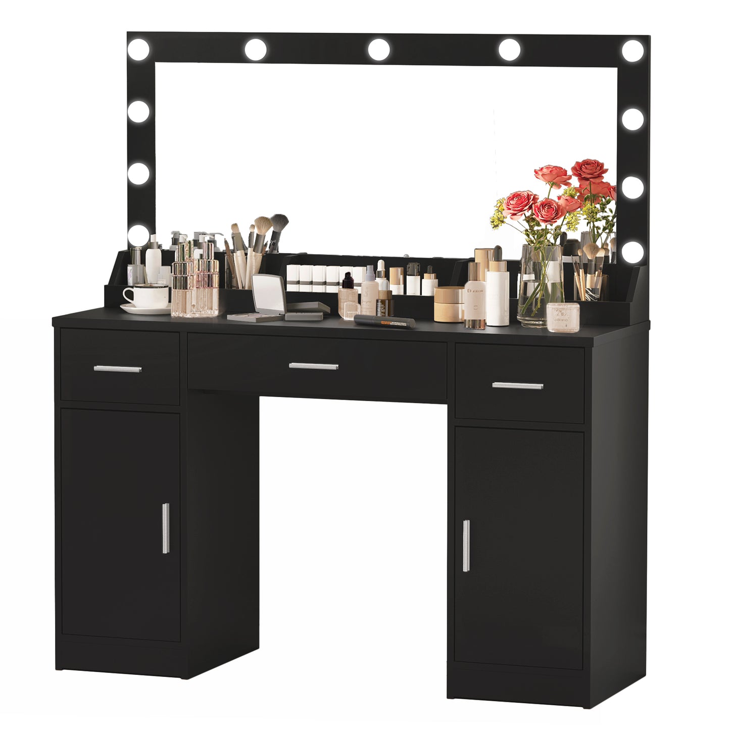 47.2"Vanity Desk with Large Mirror, 3 Colour Lighting Modes, Adjustable Brightness, Dresser with 3 Drawers & 2 Vertical Cabinets, Makeup Vanity Table for Women &  Girls (Black)