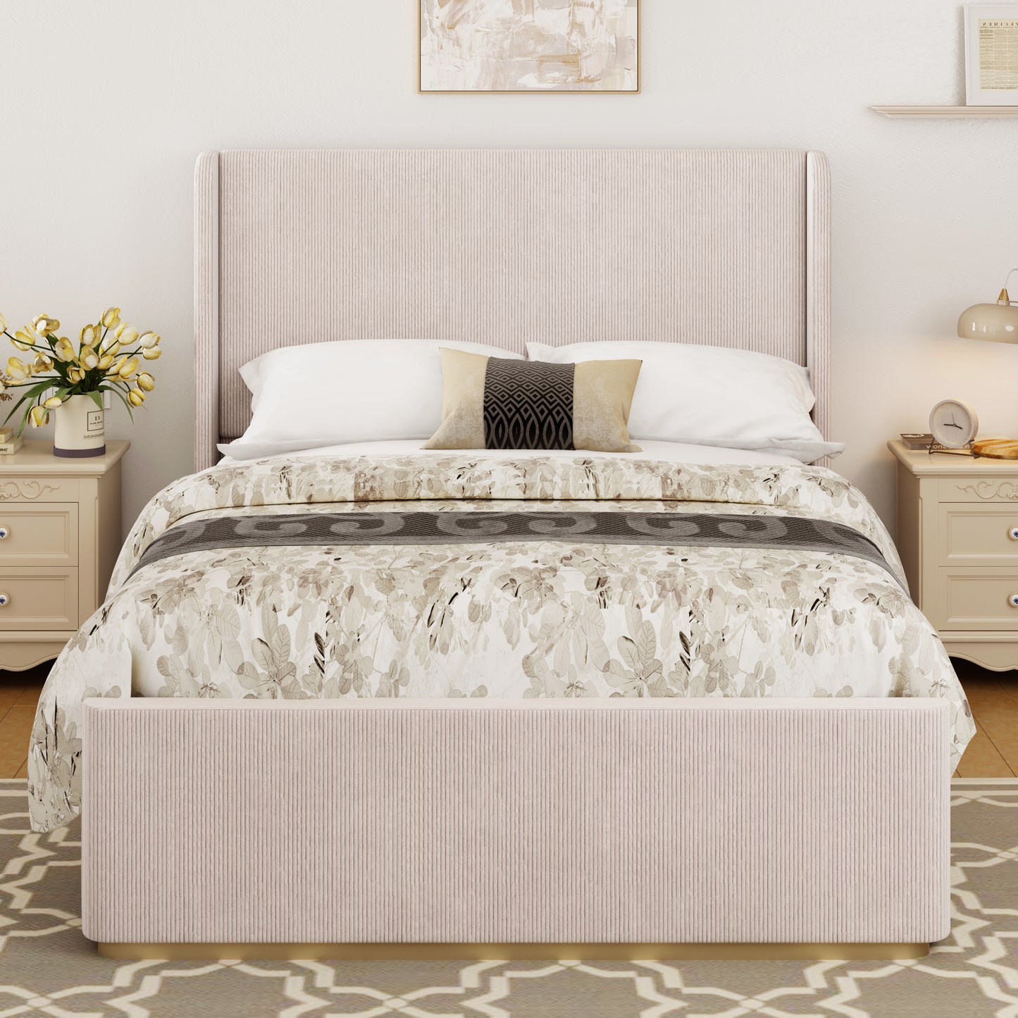 Queen Size Corduroy Upholstered Bed Frame with Vertical Stripe Wingback Headboard and High Footboard, Pink