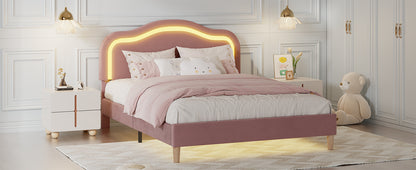 Twin Size Velvet Upholstered Smart LED Bed Frame with Adjustable Height Headboard,No Box Spring Needed,Easy Assembly,Pink