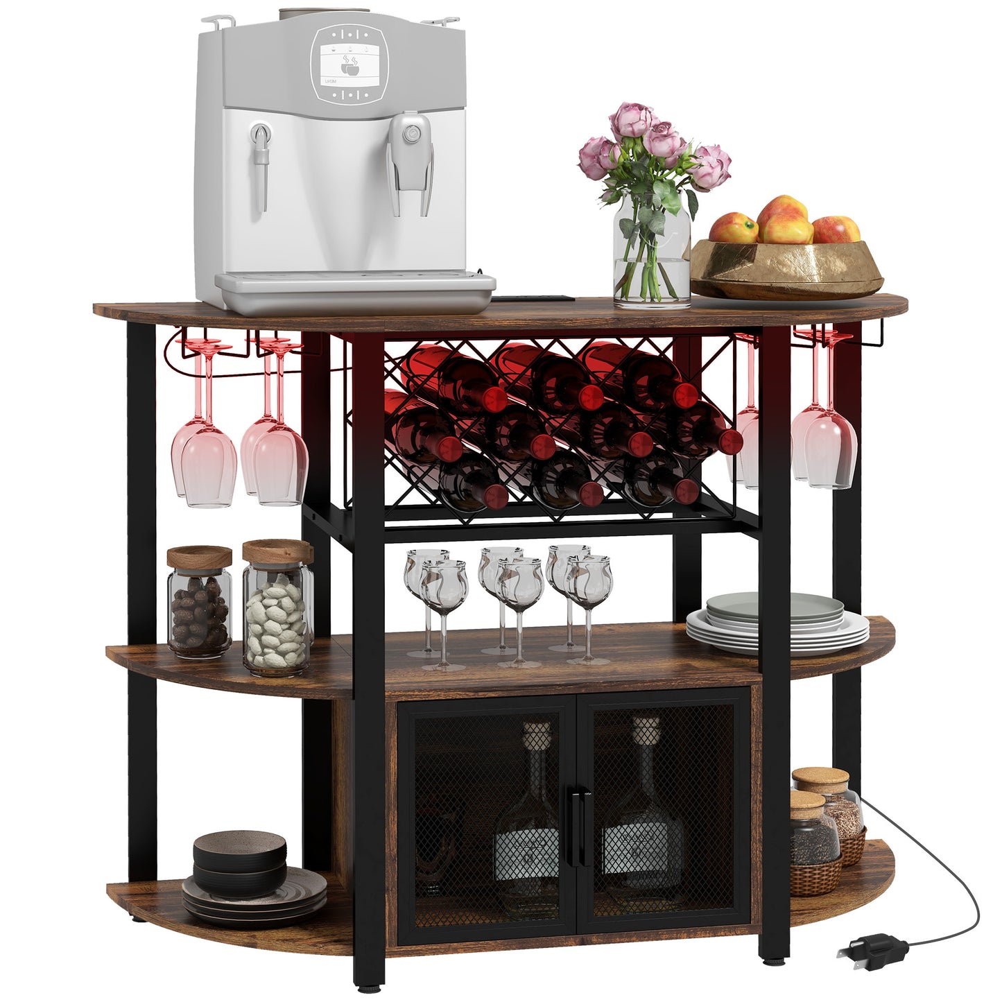 HOMCOM Wine Bar Cabinet with Charging Station and LED Lights, Industrial Liquor Cabinet Bar Stand for Home with 10-bottle Wine Rack, Glass Holders, Mesh Doors, and Open Shelves, Rustic Brown