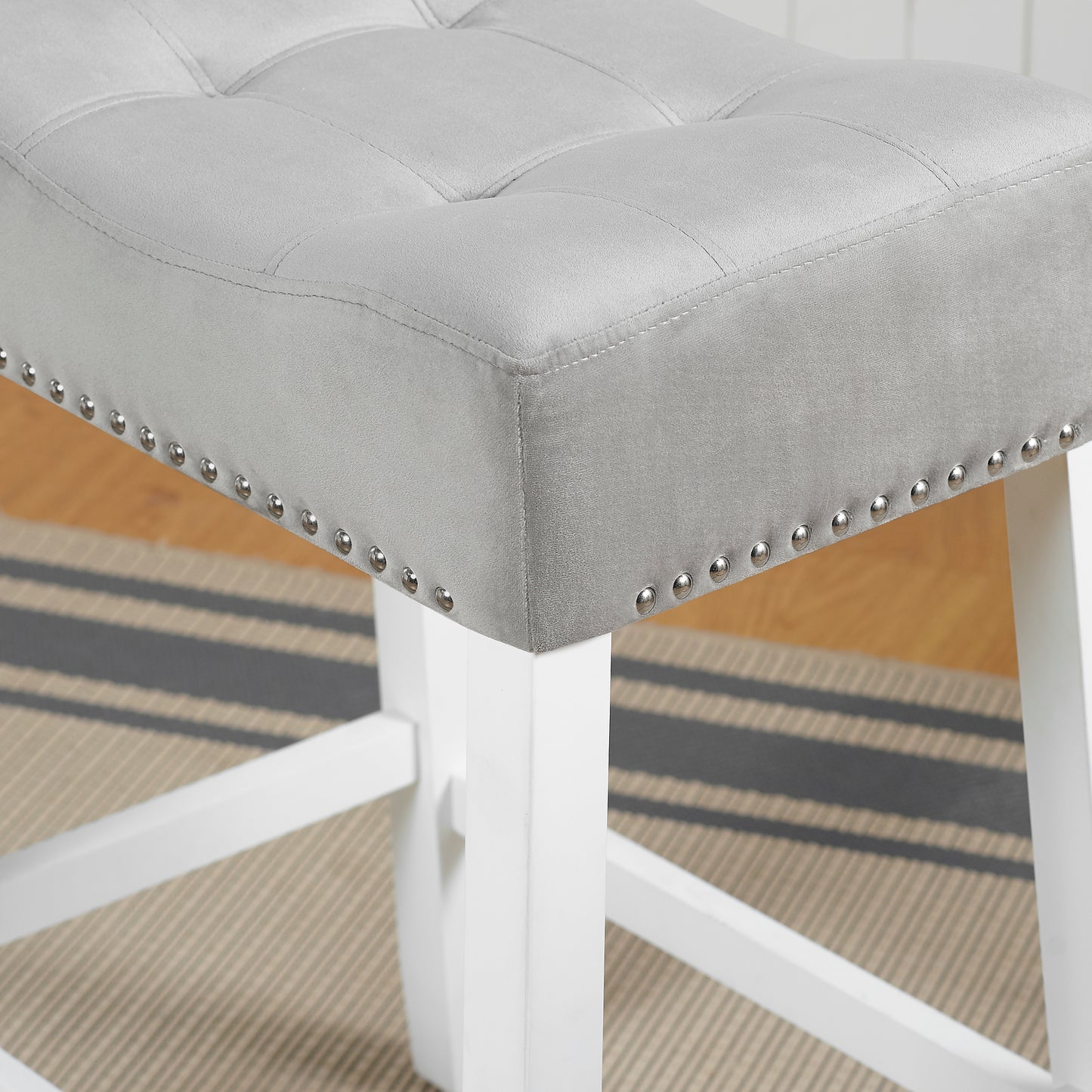 Morovo Set of 2 Velvet Counter Height Stools with Tufted Saddle Seats, White-Wash Finish, Gray