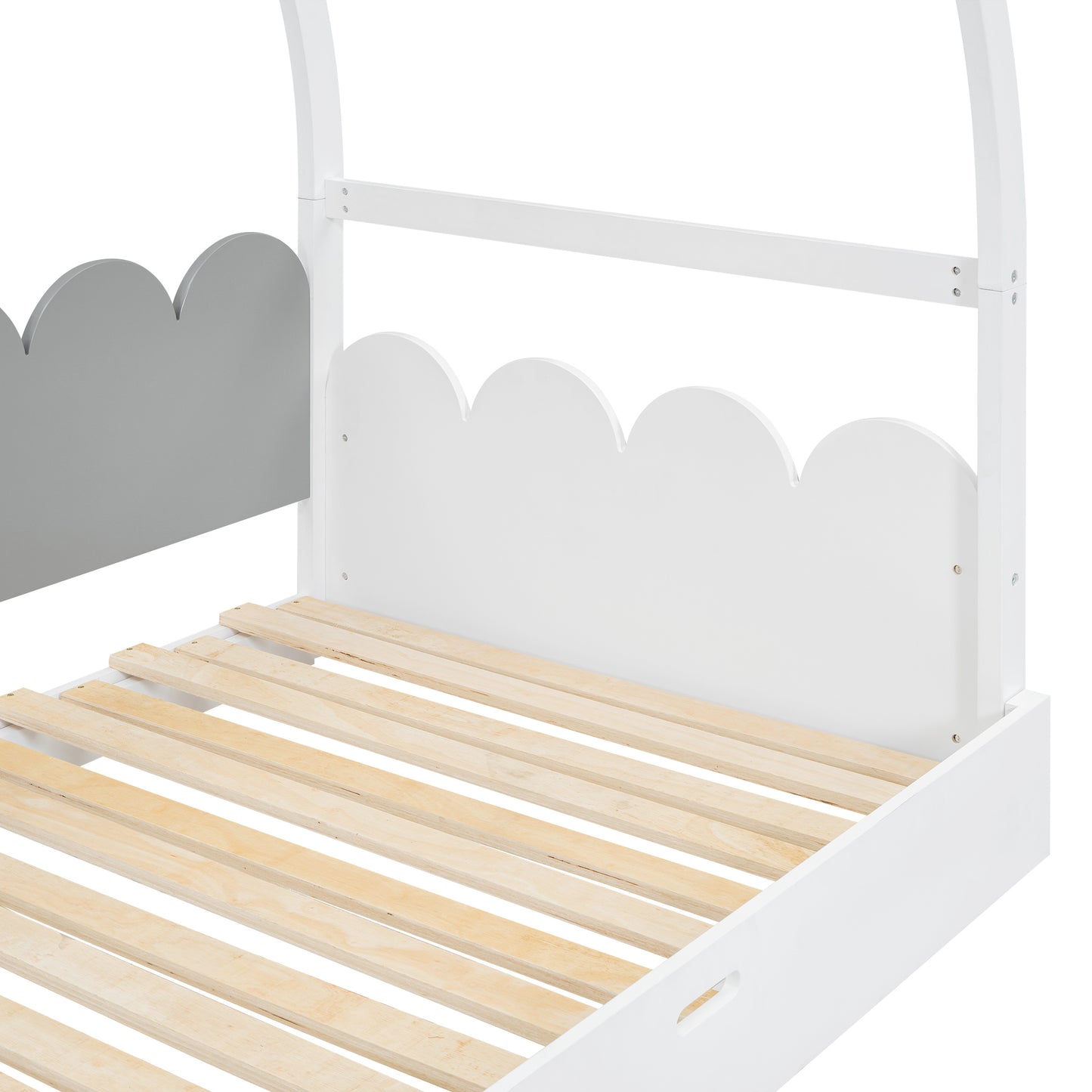 Twin size stretchable vaulted roof bed, children's bed pine wood frame, white+gray