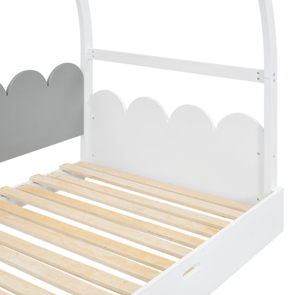 Twin size stretchable vaulted roof bed, children's bed pine wood frame, white+gray