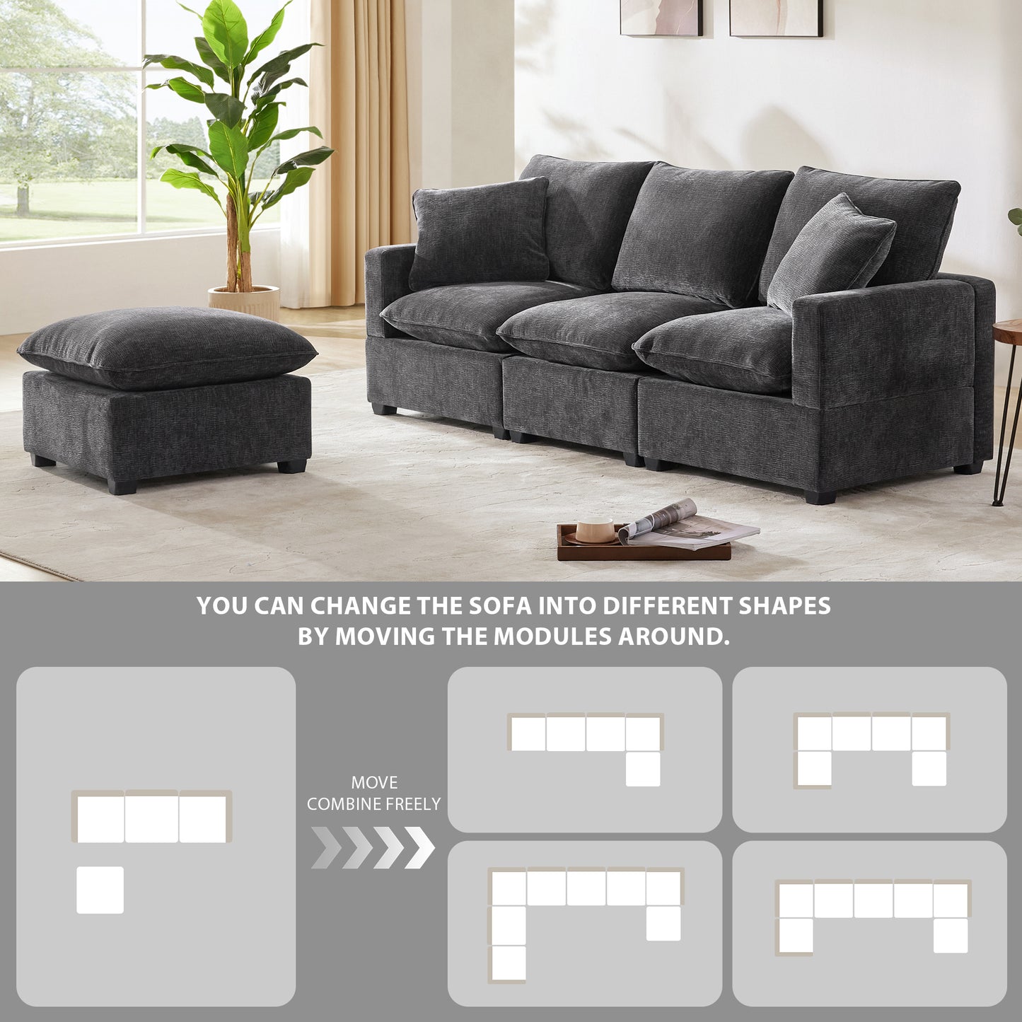 86*57" Modern Modular Sofa, 4 Seat Chenille Sectional Couch Set with 2 Pillows Included, Freely Combinable Indoor Funiture for Living Room, Apartment, Office, 2 Colors
