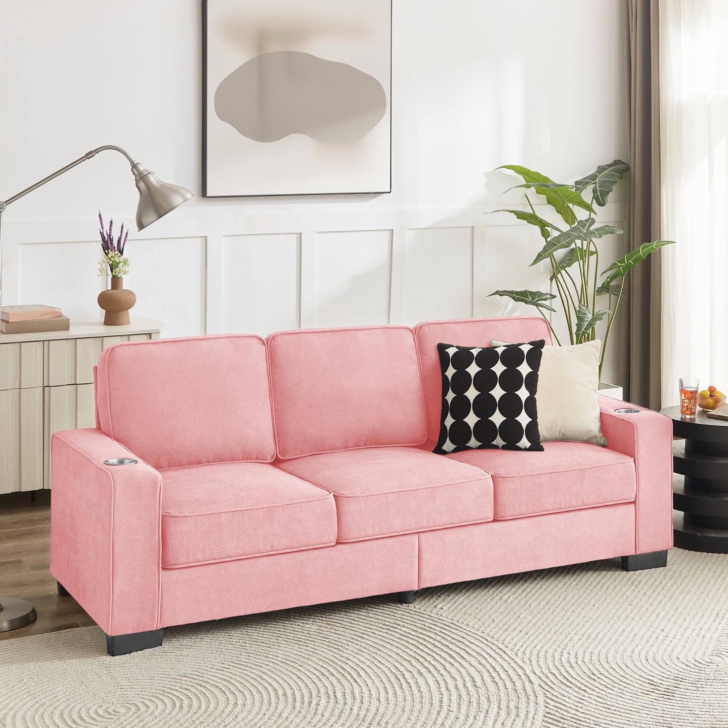 83.86"Snowfleece Fabric sofa,Modern Compressed Couch,3-Seater Sofa, Furniture for Living Room,Bedroom,office ,Pink