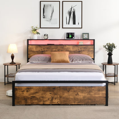 Queen Size Bed Frame with Storage Headboard and 2 Drawers, LED Lights Bed with Charging Station, Metal Platform Bed No Noise, Mattress Foundation Strong Metal Slats Support No Box Spring Needed