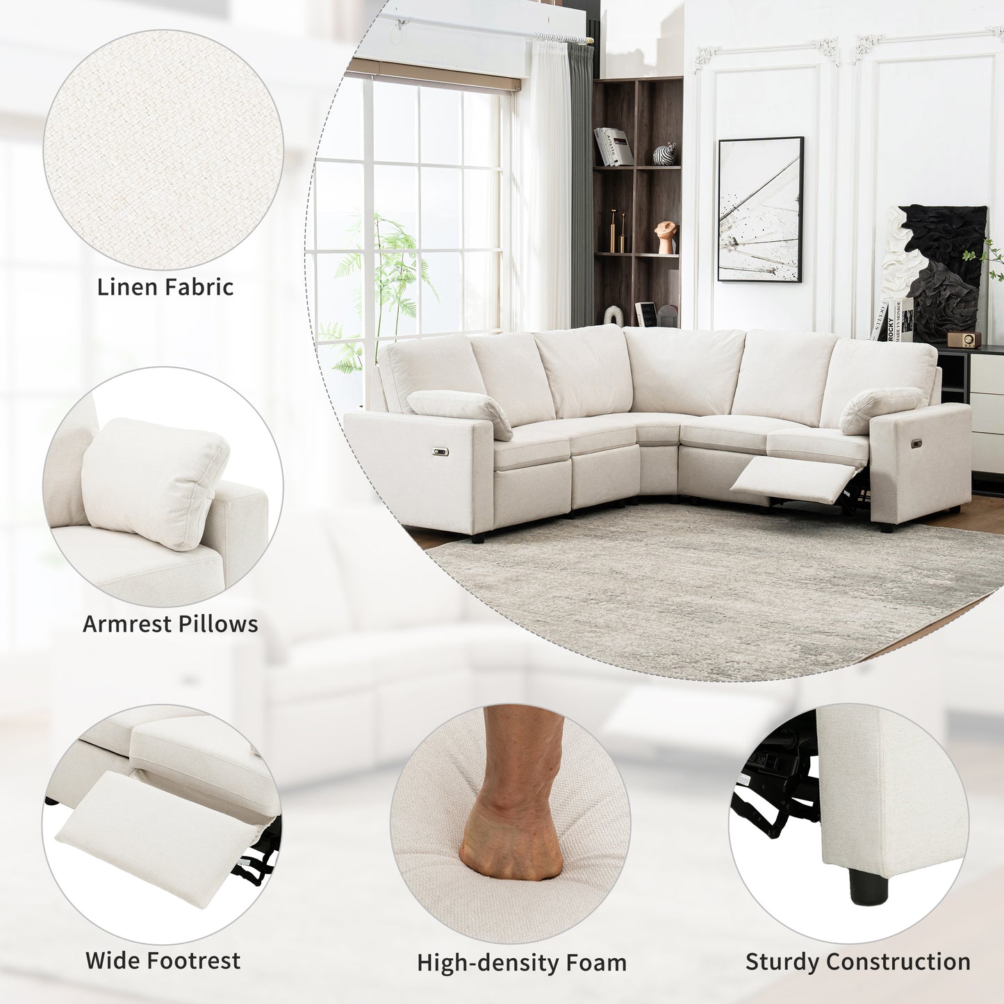 89" Power Recliner Sectional Sofa Home Theater Reclining Sofa with Two USB Ports, Two Storage Drawers for Living Room, Beige