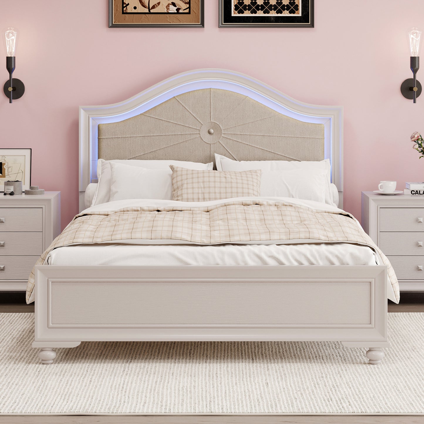 Modern Queen Size Wood Bed with Hidden LED Light Upholstered Curved Headboard, No Box Spring Needed, Cream Grey