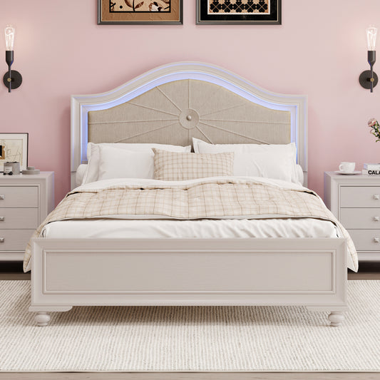 Modern Queen Size Wood Bed with Hidden LED Light Upholstered Curved Headboard, No Box Spring Needed, Cream Grey