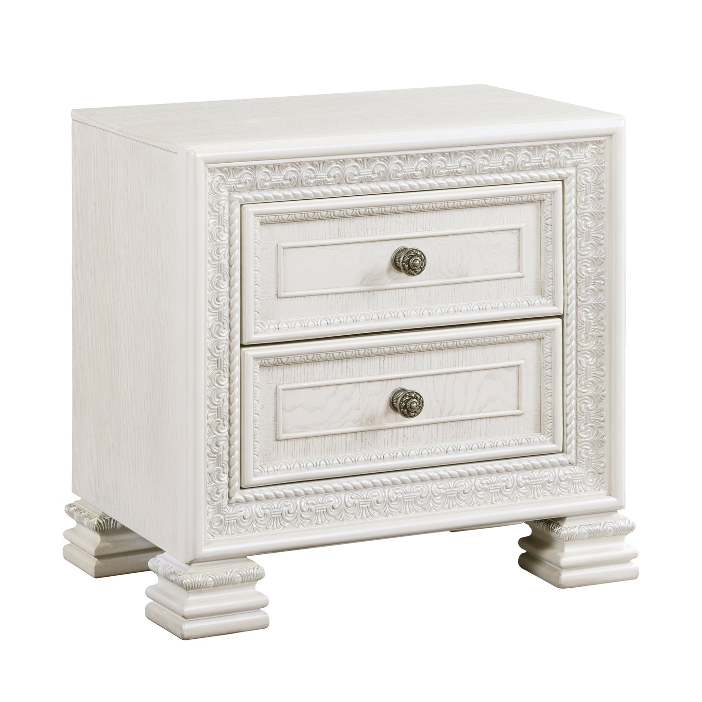 Classic Luxury Pearl White Finish Nightstand of 2x Drawers Wooden Bedroom Furniture 1pc, Dart Molding Design