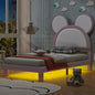 Twin Size Upholstered Platform Bed with Cartoon Ears Shaped Headboard and LED, White&Pink