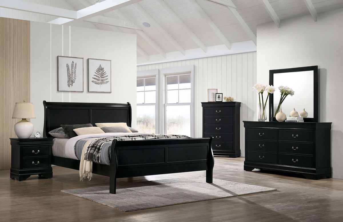 Twin Size Bed Black Louis Phillipe Solidwood 1pc Bed Bedroom Sleigh Bed