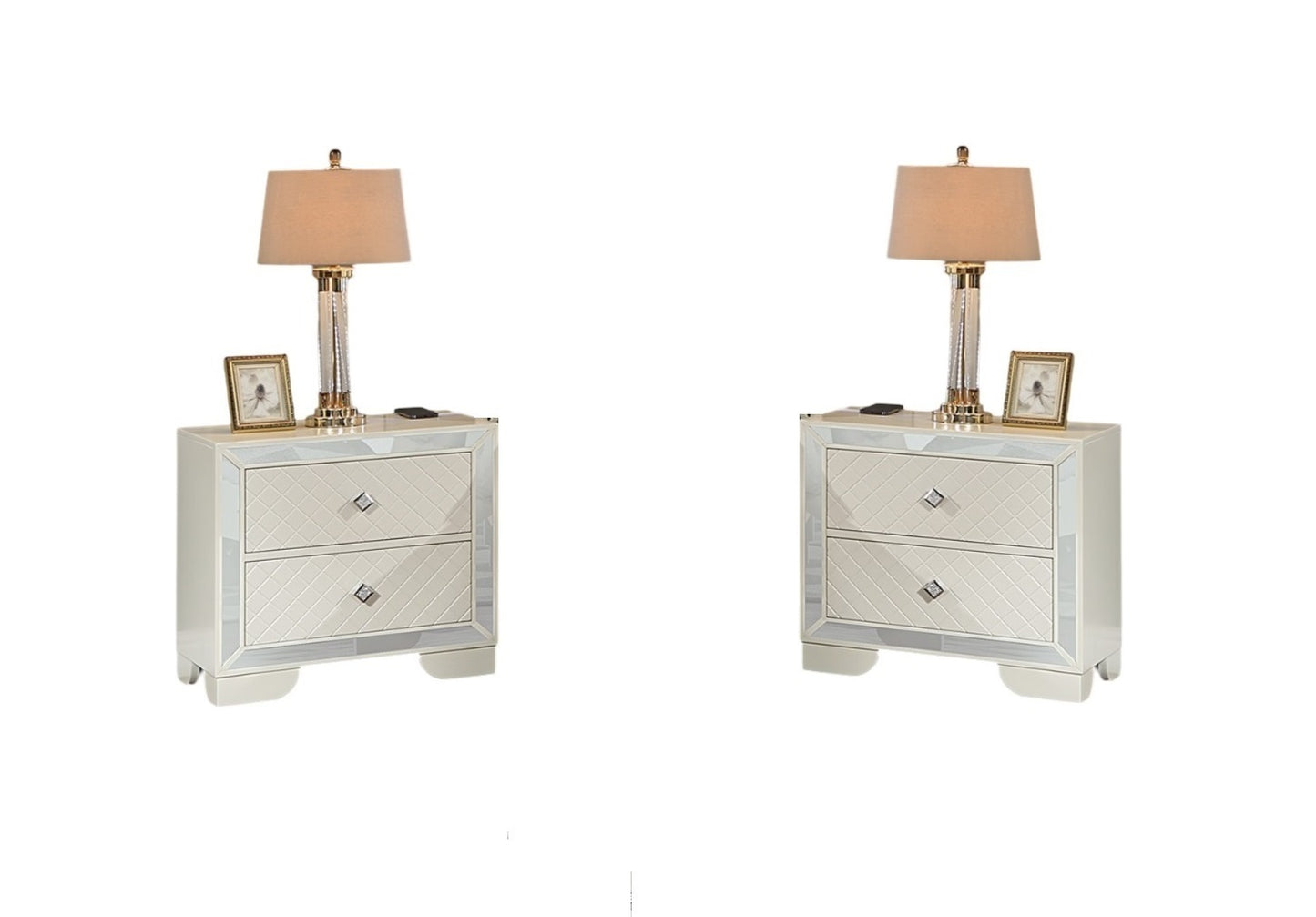 Classic Luxury Look Cream 1pc Nightstand Wooden Bedside Table 2x Drawers w Mirror Glass Panel Bedroom Furniture
