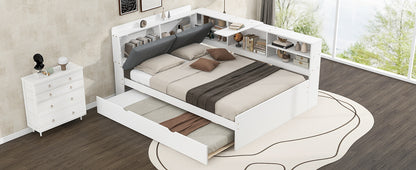 Wood Full Size platform bed with Trundle, Shelves and Storage Headboard, White