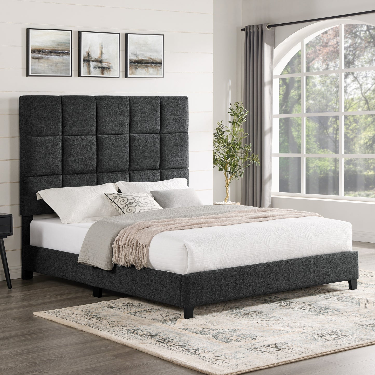 Queen Size Grey Squares Upholstered Platform Bed