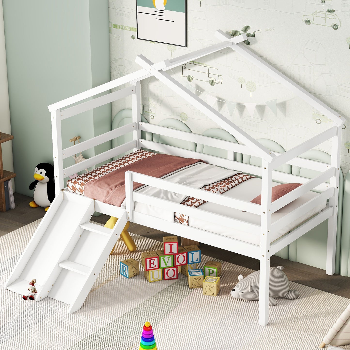 Twin Low Loft House Bed with Slide,  Ladder, Safety Guardrails, House Roof Frame,White