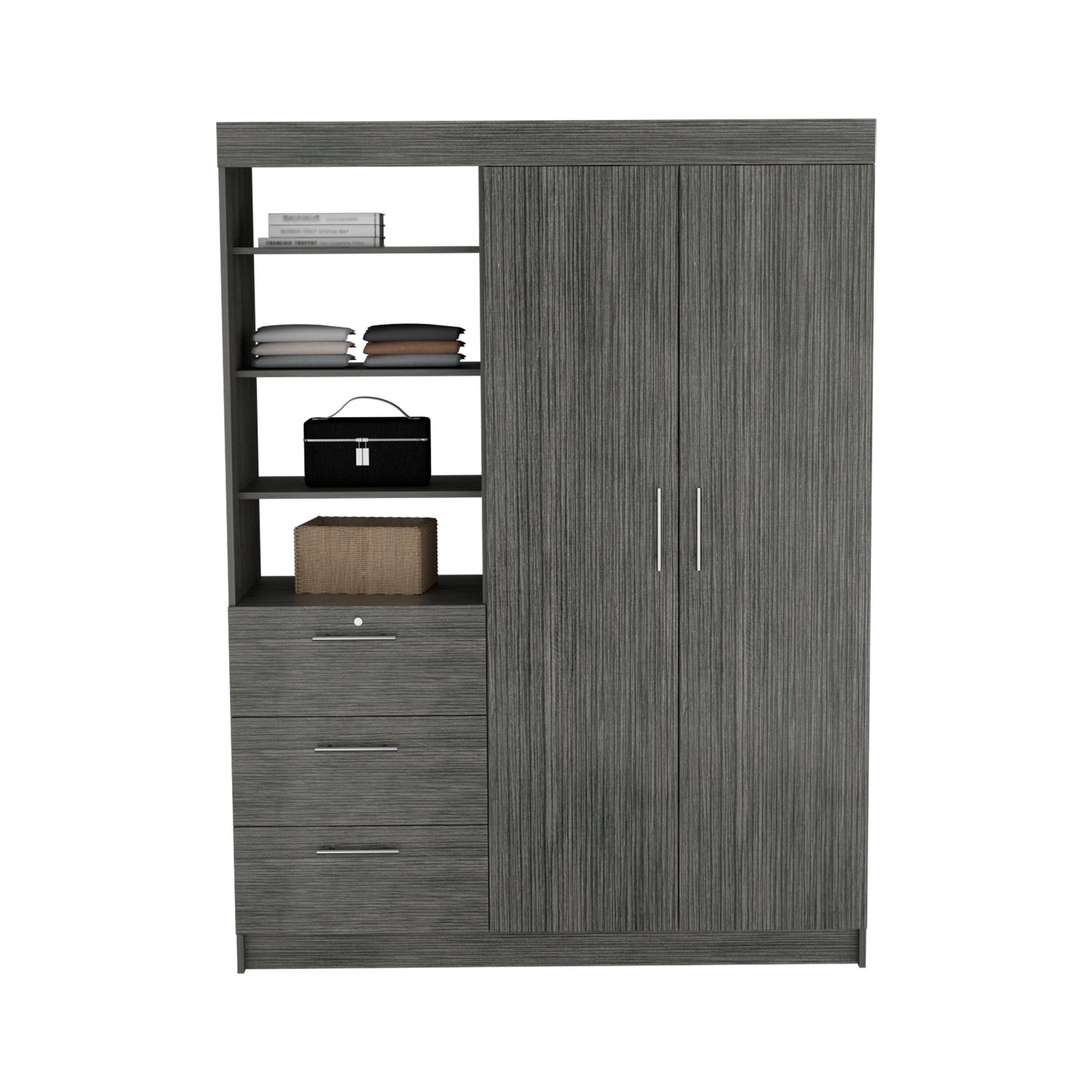 3-Tier Shelf and Drawers Armoire with Metal Handles, Smokey Oak