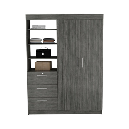 3-Tier Shelf and Drawers Armoire with Metal Handles, Smokey Oak