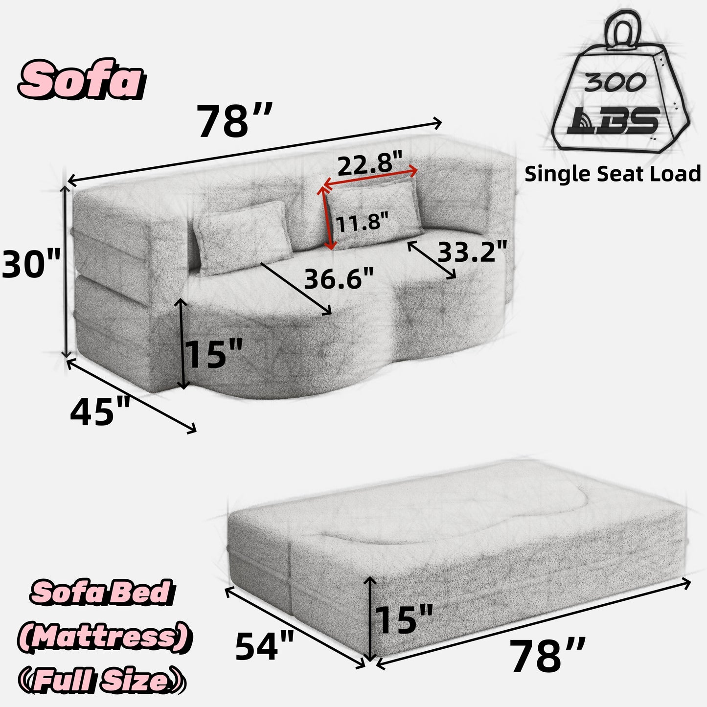 Modern Floor Sofa with 2 Pillows,Convertible Teddy Fabric Foam-Filled Sleeper Sofa Bed,15" Full Size Folding Mattress for Living Room,Guest Bed,Playroom,no assembly required,Beige(Old Sku:W1885P190390