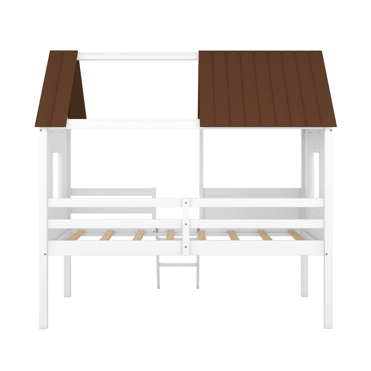 Twin Size Low Loft Wood House Bed with Two Side Windows  (White+Brown)(OLD SKU: LP000037AAD)