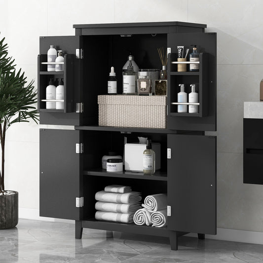 Elegant Bathroom Floor Storage Cabinet, Bathroom Storage Unit, Freestanding Cabinet with 4 Doors, Adjustable Shelves, Adaptable Shelves, Black