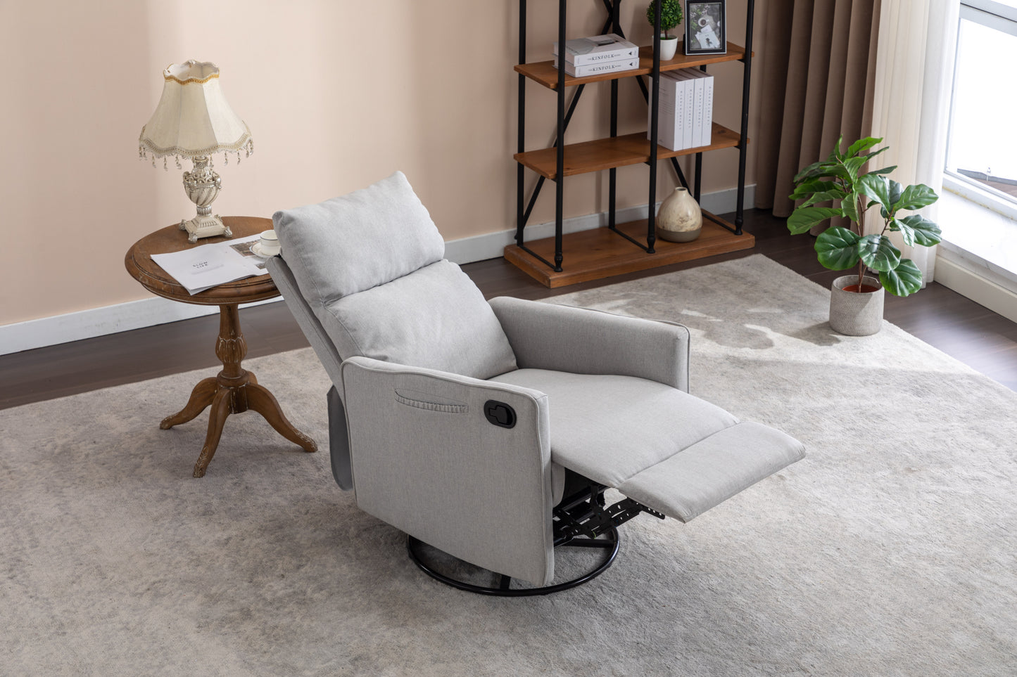 038-Cotton Linen Fabric Swivel Rocking Chair Glider Rocker Recliner Nursery Chair With Adjustable Back And Footrest For Living Room Indoor,Light Gray