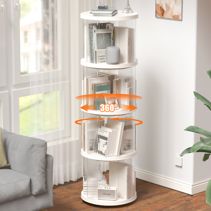 360° Rotating Bookshelf, Small Corner Bookcase with Small Footprint, 4 Tier Floor Standing Bookcasefor Kids&Adults,  Narrow Book Shelf Organizer for Bedroom, Living Room, Round, White