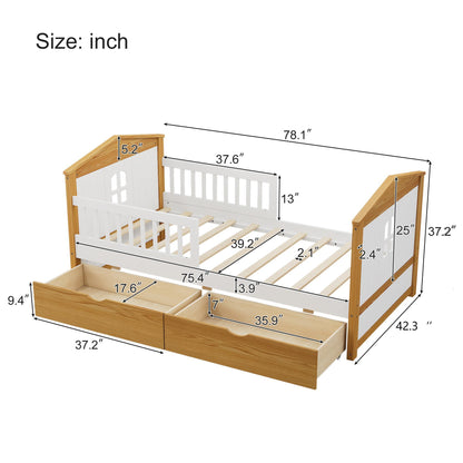 Twin Size House Shape Bed with Drawers and Safety Fence Guardrails Bed Toddler Bed for Girls Boys,No Box Spring Needed, Walnut and White