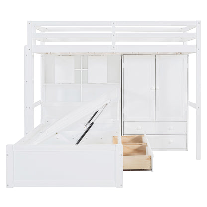 Twin Bunk Bed with Drawers, Wardrobe, Storage Shelves and Hydraulic Bed,White