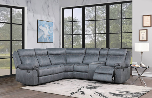 Dollum Two Tone Gray Nubuck Manual Recliner Sectional Sofa w/USB Port & Cupholder Console