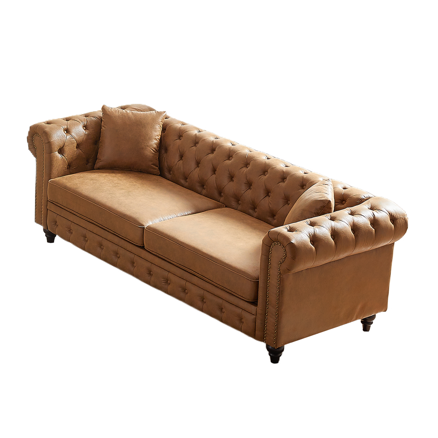 FX 85.5"Living Room with Tech Fabric Chesterfield Sofa with Rolled Arms 3 Seater Sofa with Button Design and 2 Cushions for Apartment, Office, Living Room