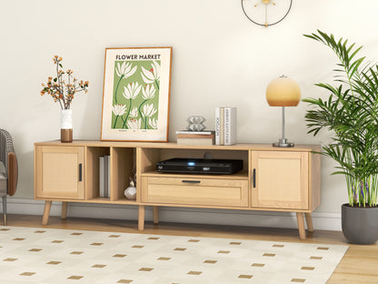 Rattan TV Stand with 2 Cabinets & 2 Open Shelves, Rattan-inspired Media Console Table for TVs up to 80'', Entertainment Center with Solid Wood Legs, TV cabinet for Living room, Bedroom, Home Theatre