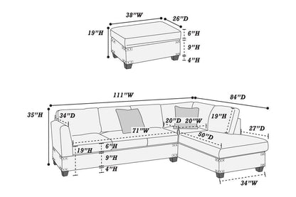 Living Room Furniture Charcoal Chenille Sectional w Ottoman Linen Like Fabric Sofa Reversible L/R Chaise Ottoman 3pc Sectional Sofa