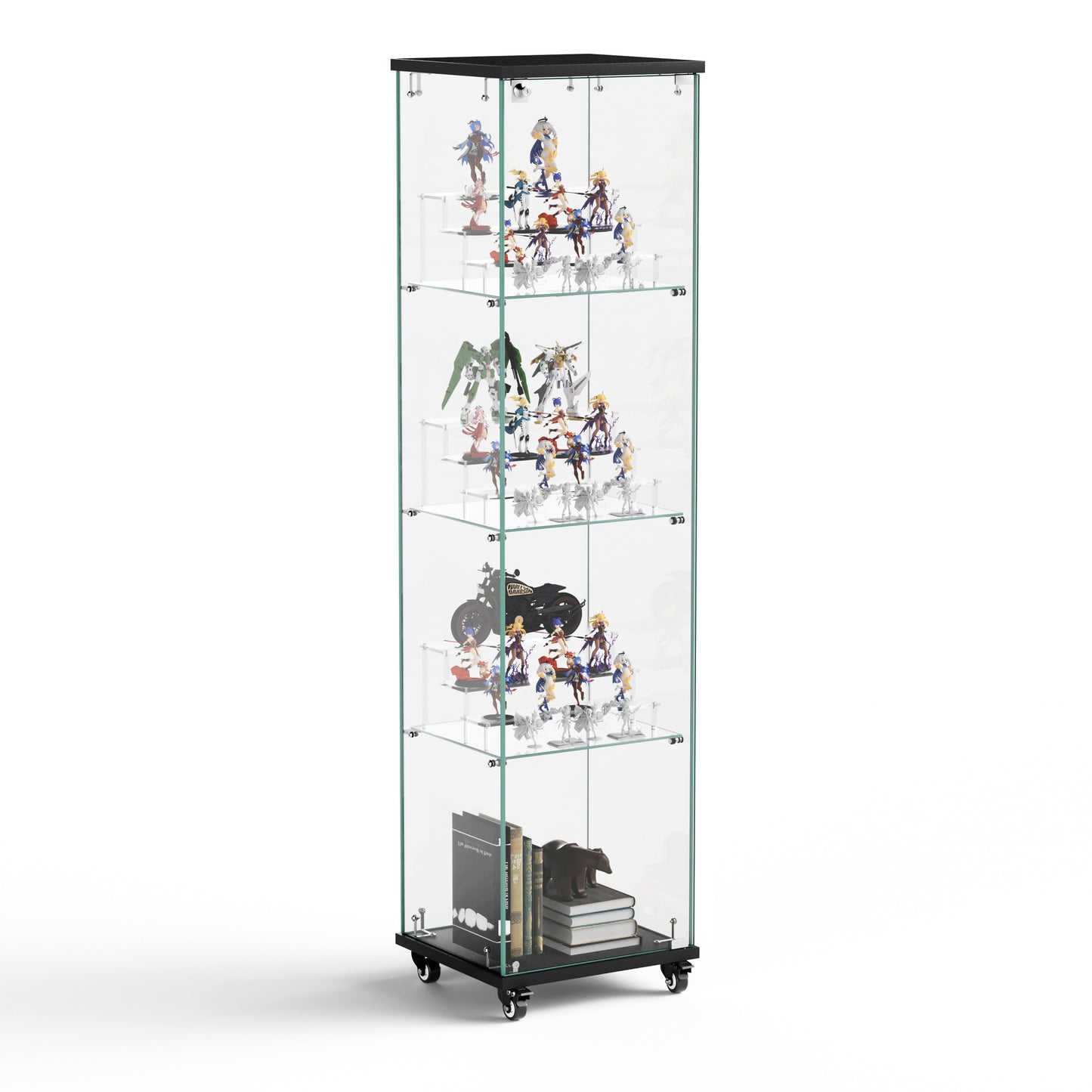 4 Tier Glass Display Cabinet, Single Door Glass Cabinet with Lock and Wheels, Floor Standing Storage Cabinet with 3 Acrylic Shelves for Living Room, Bedroom and Office, Black, 15.8"L x 14.2"W x 65.1"H