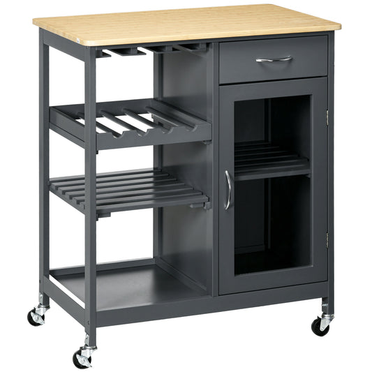 HOMCOM Rolling Kitchen Island with Storage, Kitchen Cart with 4-bottle Wine Rack, Bar Cart with Stemware Holder, Shelves, Drawer and Cabinet, Gray