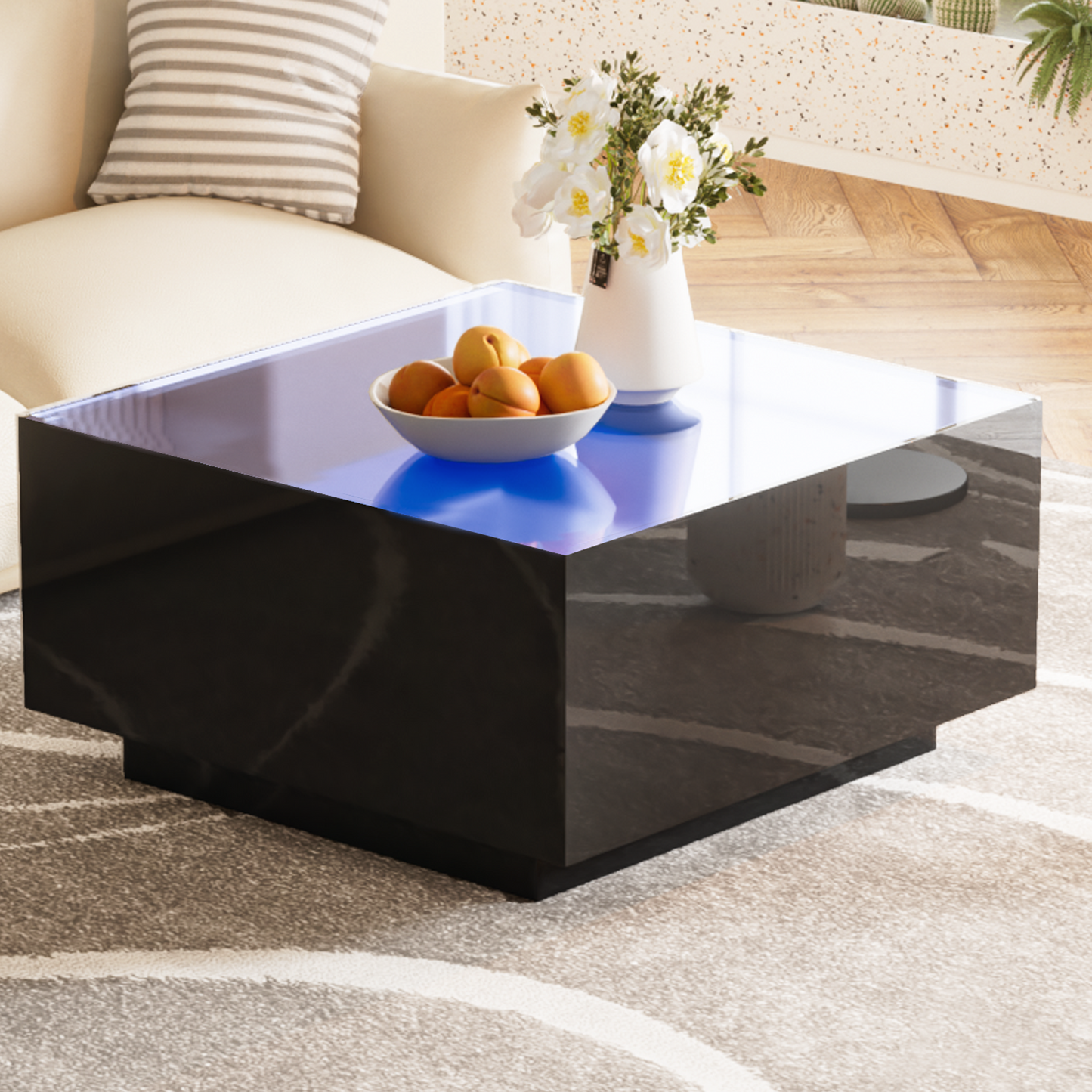 ON-TREND Square High Glossy Coffee Table with 16-color LED Strip Lights, Modern Center Table with 5mm Frosted Tempered Glass Top for Living Room, Black, 27.5*27.5in