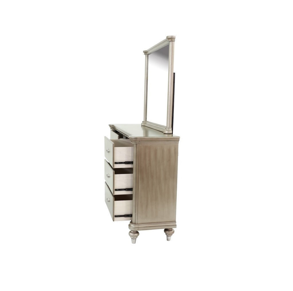 Luxury Antique Silver / Champagne Finish Dresser w Mirror Storage Space Drawers Bedroom Furniture
