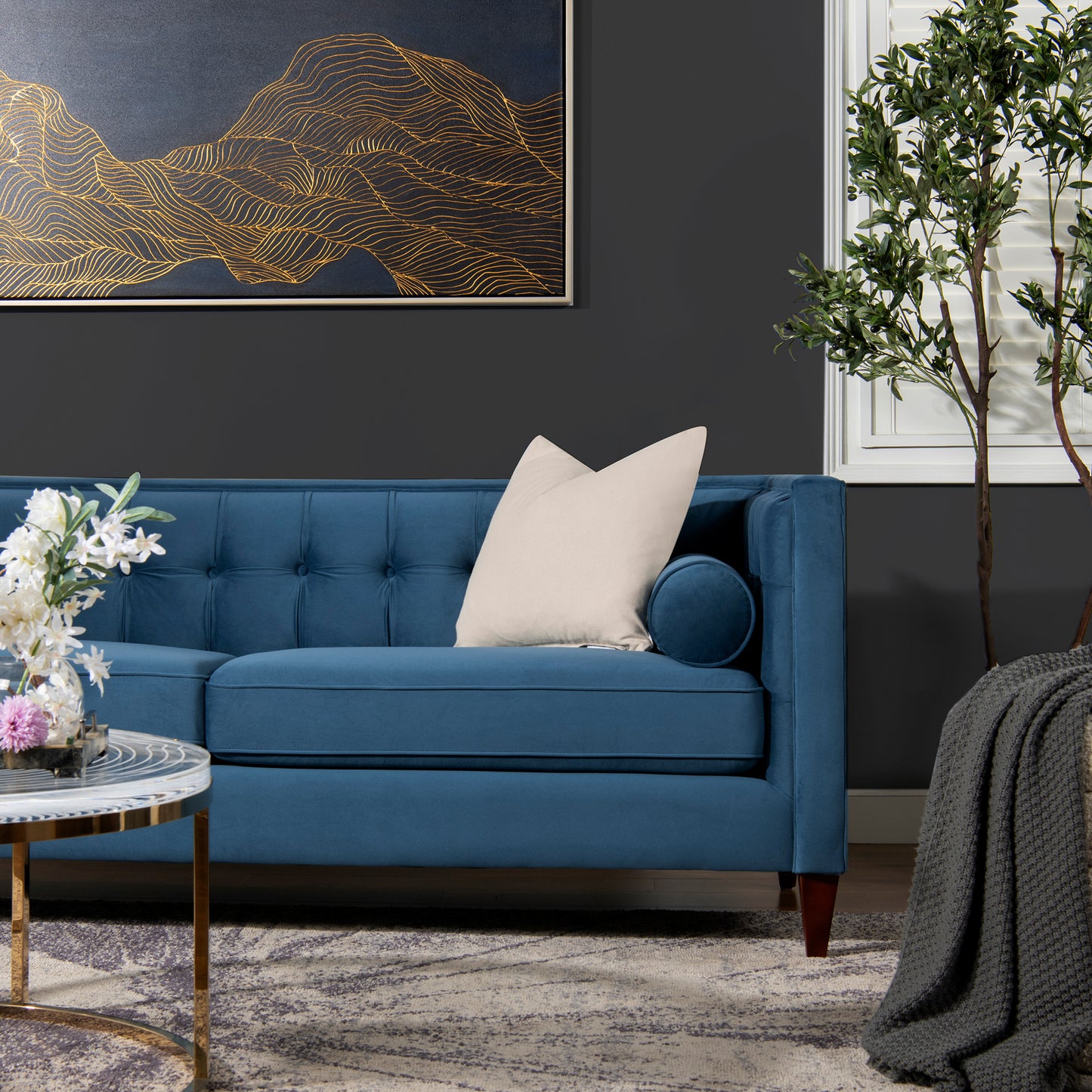 Jack 84" Modern Tuxedo Tufted Sofa, Satin Teal Blue Velvet