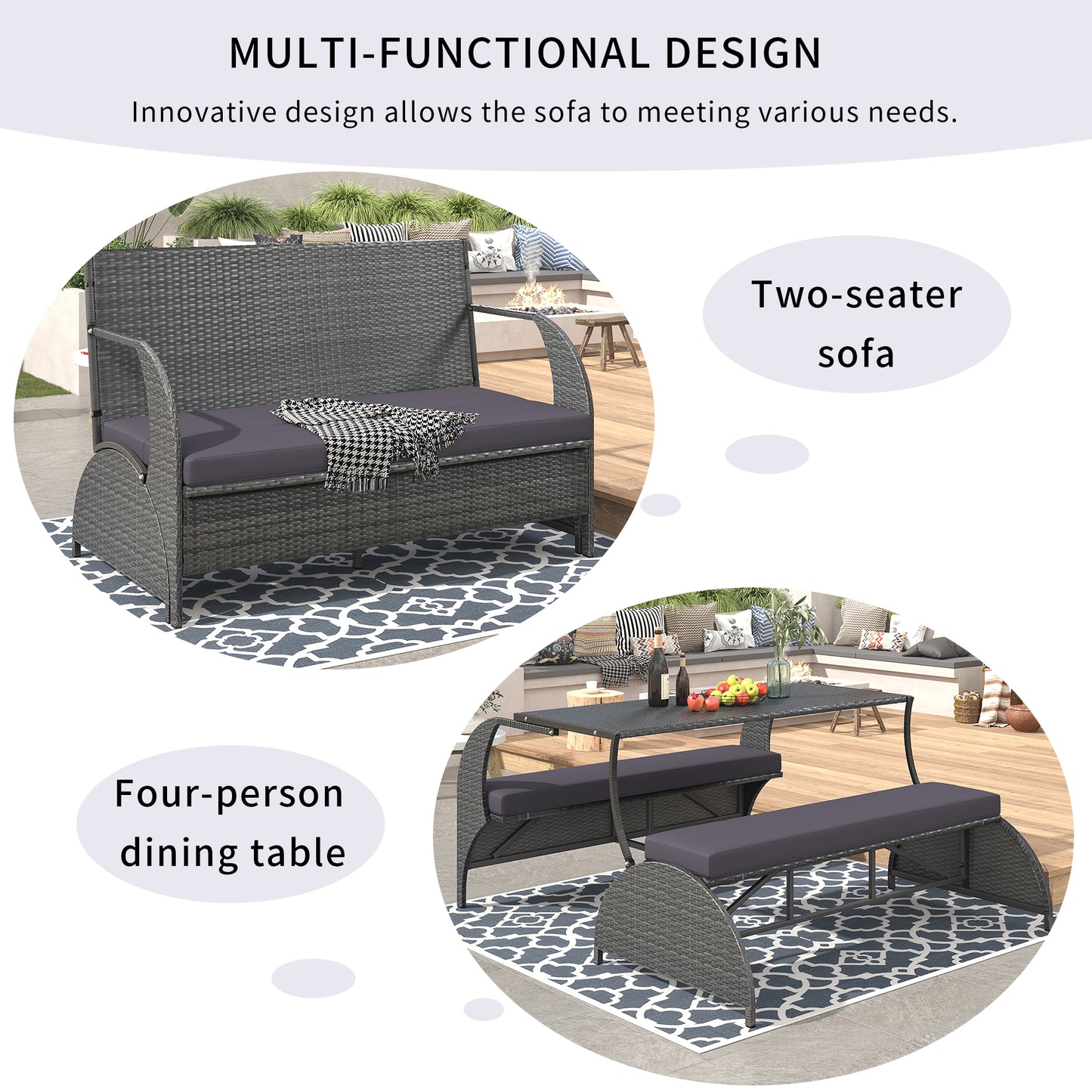 U_STYLE Versatile outdoor loveseat that converts to four seats and a table, suitable for gardens and lawns