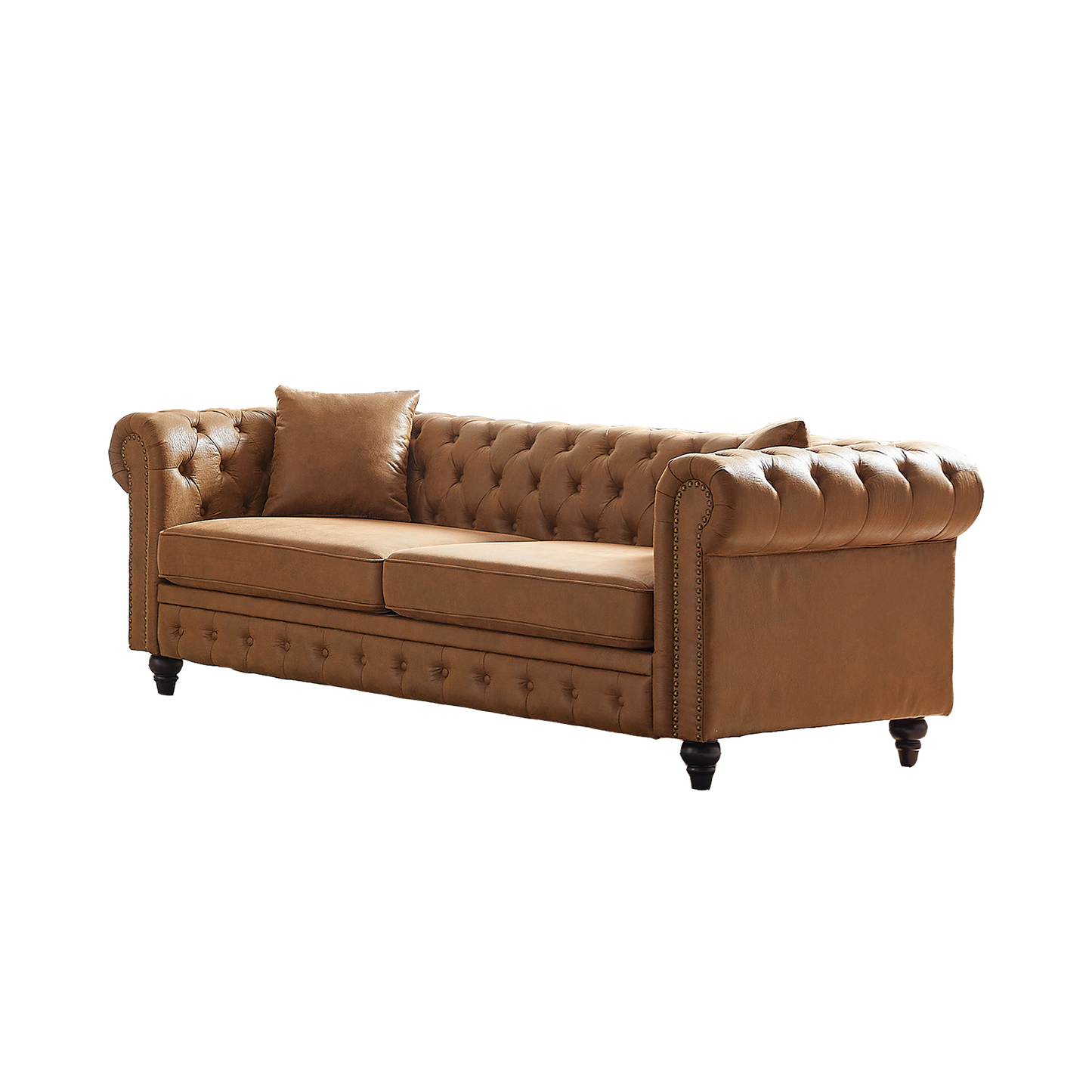 FX 85.5"Living Room with Tech Fabric Chesterfield Sofa with Rolled Arms 3 Seater Sofa with Button Design and 2 Cushions for Apartment, Office, Living Room