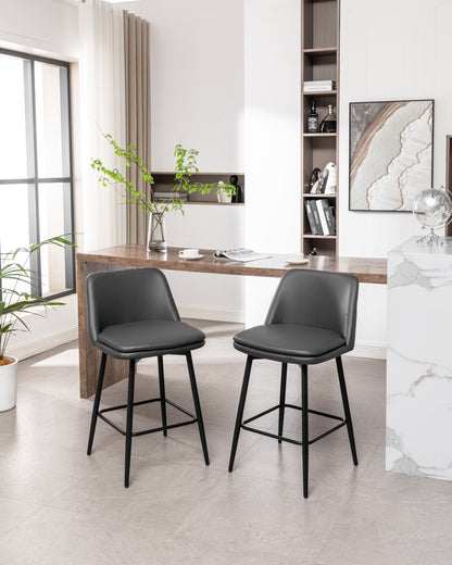 Counter Height Swivel Bar Stools Set of 2, 360° Swivel Upholstered Barstools with Back and Metal Legs, 25.6" Seat Height,Counter Stools for Kitchen Island and Pub,Faux Leather,Grey