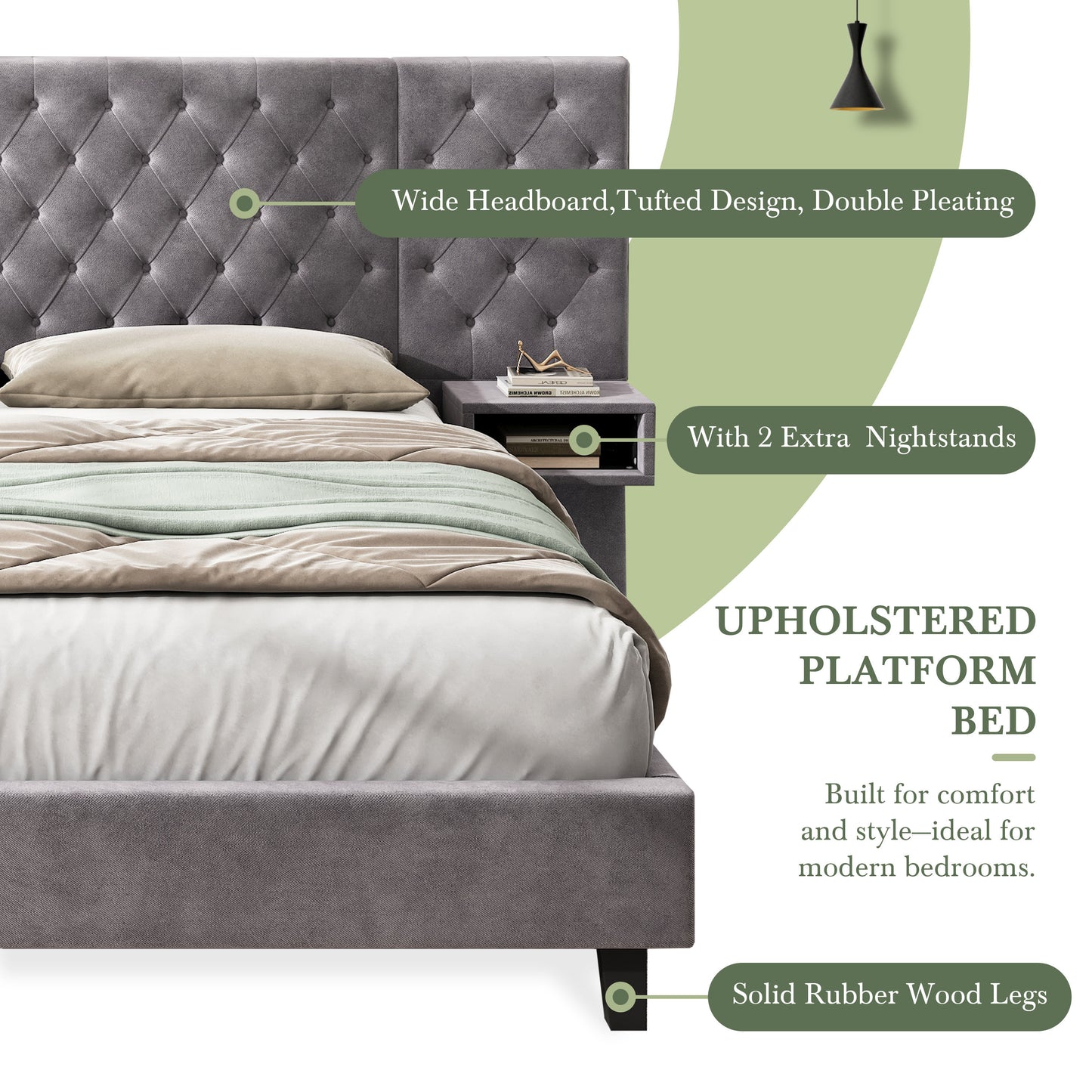 King Size Platform Bed with Headboard, Modern Velvet Upholstered Platform Bed with 2 Nightstands, with diamond tufted, Grey