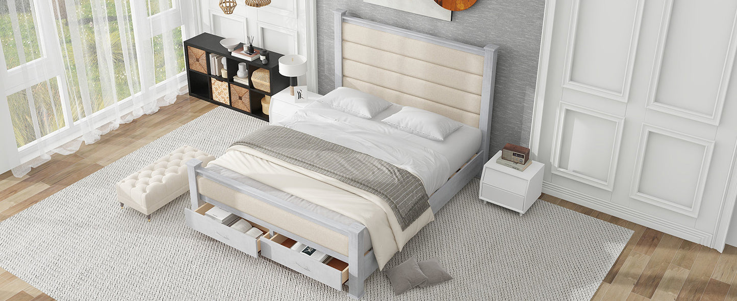 Queen Size Wood Frame Platform Bed with Upholstered Headboard, Footboard and 2 Drawers, Antique White