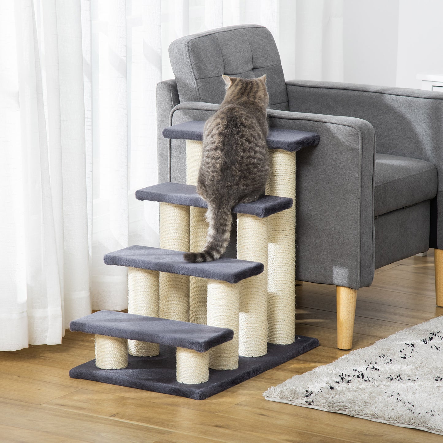 PawHut Cat Tree with 4 Steps for High Beds Couch, Cute Stair Shaped Cat Tree for Indoor Cats or Dogs w/ Sisal Scratching Post, Climbing, Playing, Gray